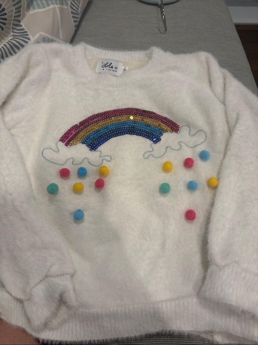 Cozy White Rainbow Pom Pom Sweater